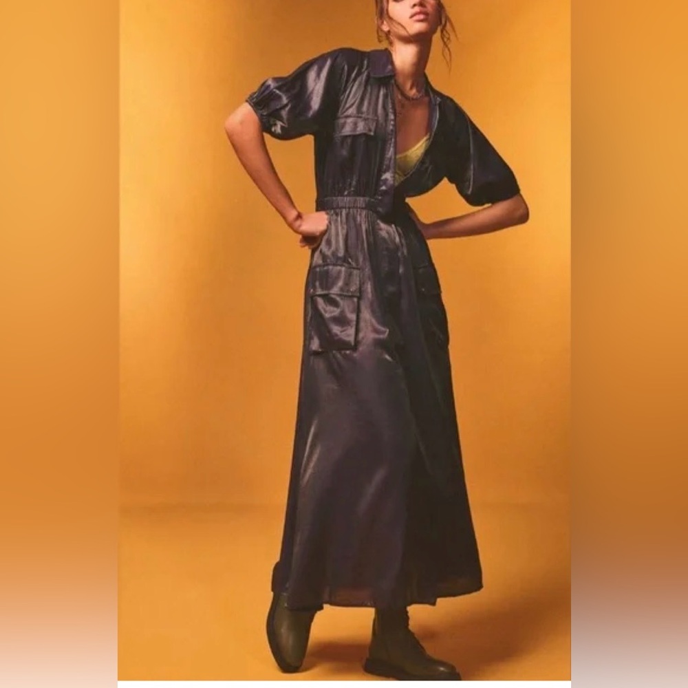 Samant Chauhan Anthropologie Metallic Zip Front Shirt Dress M Black Utility Maxi